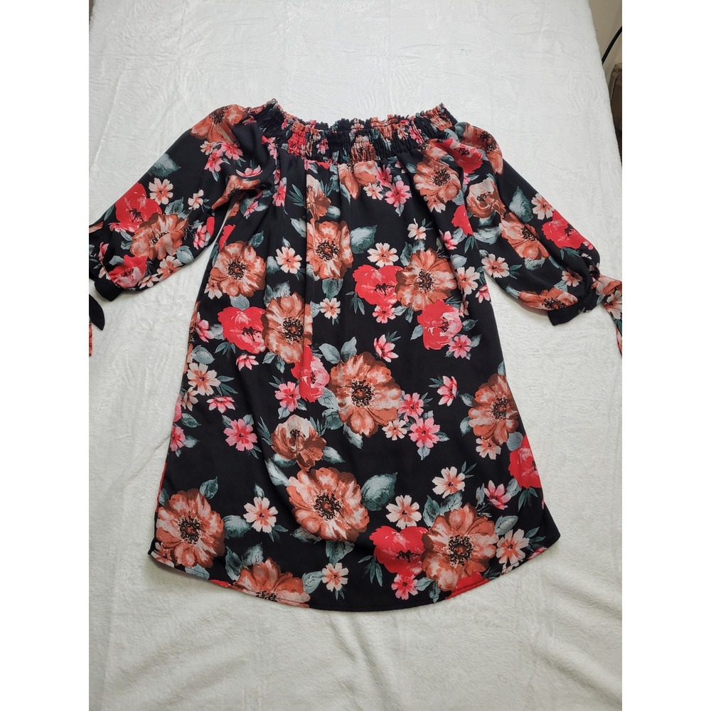 Love J Blouse Women Large Black Floral Off-the-Shoulder Tie-Cuff Boho
